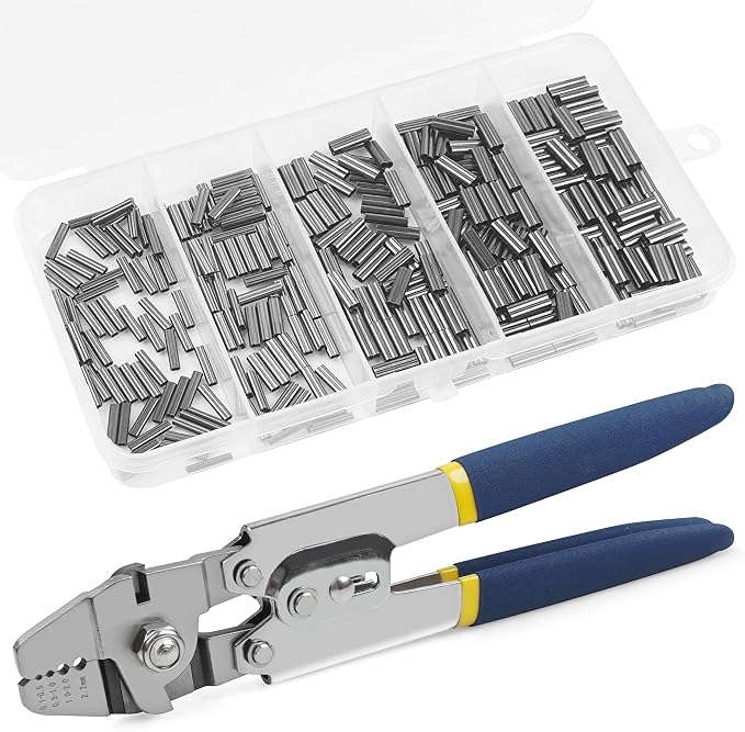 Fishing Crimping Tool Kit Wire Crimping Tool Stainless Steel Fishing Crimping Pliers with 300pcs Aluminum Crimp Sleeves Kit Effort-Saving Wire Crimper Tool, 4 Size Crimp Sleeves Fishing Tackle Pliers