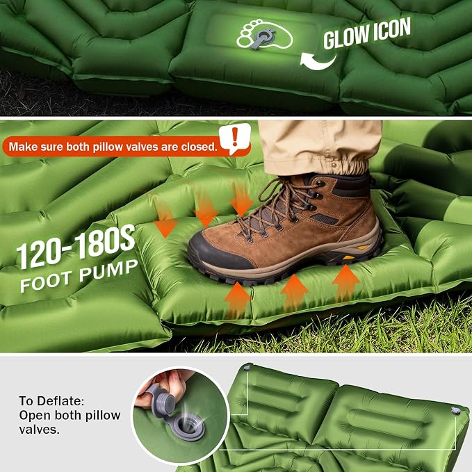 Double Sleeping Pad for Camping- 2 Person Camping Mattress with Pillow, Inflates in 60 Seconds Sleeping Pad with Pump-Electric/Foot Portable Air Pad for Backpacking, Hiking, Tent, Car Travel, Beach
