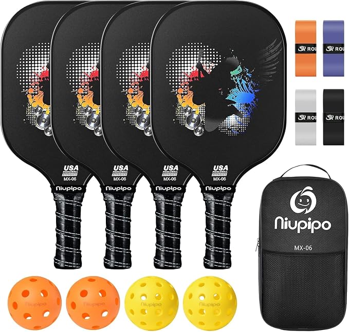 niupipo Pickleball Paddles Set of 2/4/1, USAPA Approved Carbon Fiber & Fiberglass Hybrid, Easy Power, Polypropylene Honeycomb Core, Cushioned 4.72" Grip, Bag/Cover, Pickleball Paddle Set for Men Women