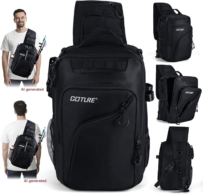 Goture Black Fishing Bag with Tackle Boxes, Crossbody Sling Tackle Backpack for Men, 20L Large Capacity Fits 3600 Trays, Durable Fishing Gear Storage, Best Fishing Gifts for Anglers