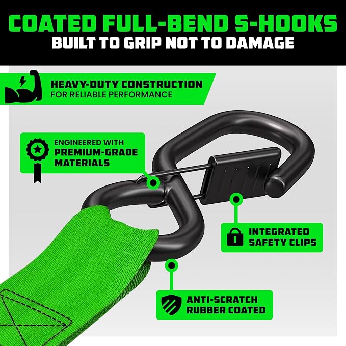 Rhino USA Ratchet Straps Heavy Duty Kit (4-Pack) - 1.6 Inch x 8 Feet Min Break Strength (5,000) - Ultimate Tie Down Straps with Safety S Hooks for Trucks, ATV, UTV, Motorcycle, Cargo & More - Green