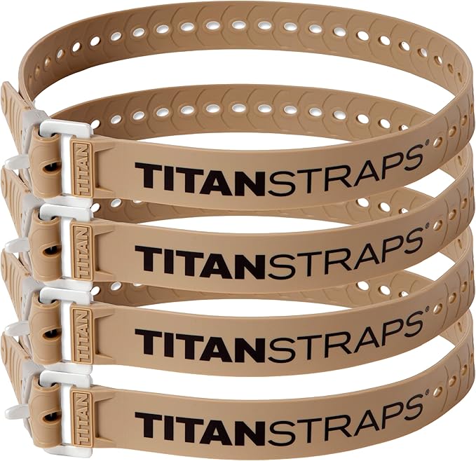 Titan Industrial Straps – Safety Strap Set to Secure Splits, Cargo Bikes, Garden Hoses, Wood Working Projects – 70 lb. Working Load, 30" Length, 4-Pack Coyote Tan