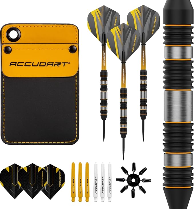 Accudart Steel Tip Dart Set 4.0 – 17g Tungsteel Barrels with Round‑Groove Grip, Polycarbonate Shafts, Standard Flights, Pocket Wallet Storage