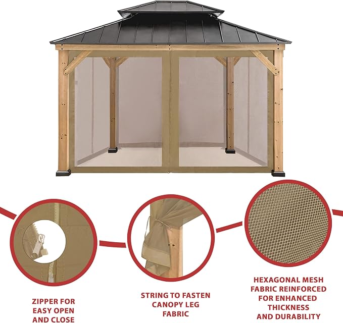 Coastshade Gazebo Canopy Mesh Walls Replacement 8x8 Gazebo Pergola Mosquito Screen Netting for Gazebos with 42Curtain Rings & 42Rail Hooks,Khaki