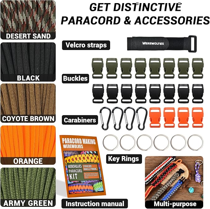 WEREWOLVES 550 Paracord Kits 100ft Each Color - 5 Colors Parachute Cord Combo 7 Strand Type III Parachute Cord 4mm for Crafting, Dog Collar, Survival Bracelets