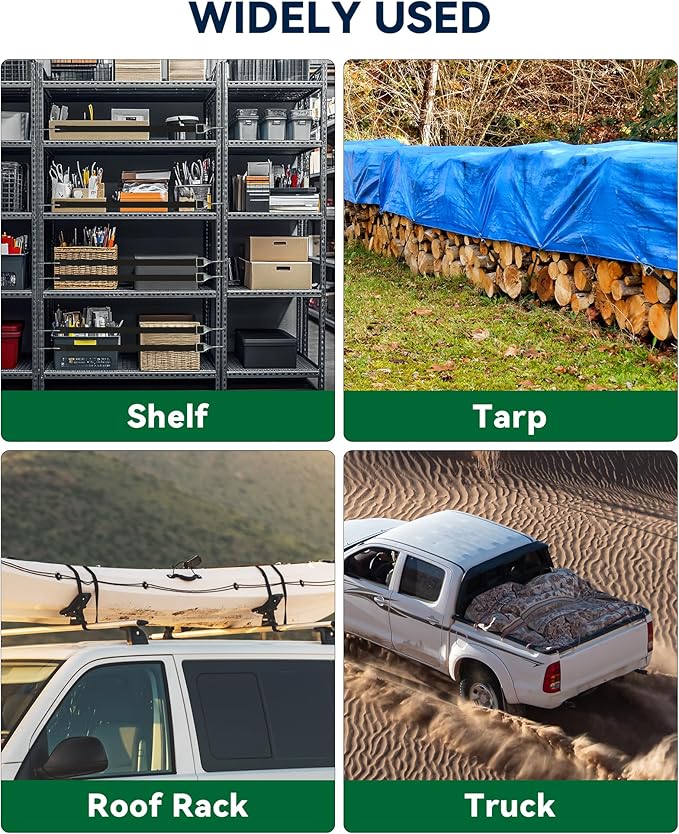 12 Inch Adjustable Rubber Bungee Cords, Easy to Adjust from 6" to 12", Black Bungee Straps with 1.9X Stretch, Rubber Tarp Straps with Crimped S Hooks for Cargo, Tarps, Van, Truck, Motorcycle (8 Pcs)
