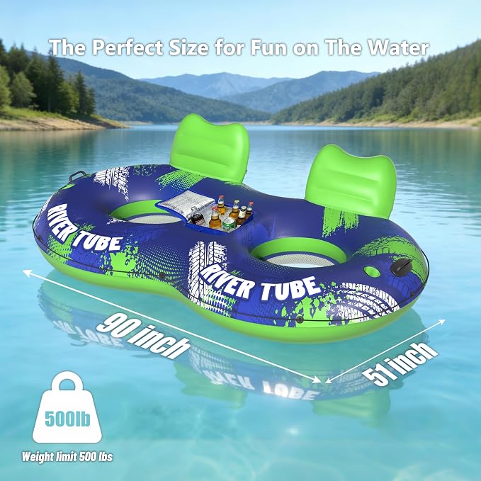 JOSEN Inflatable River Tube Float - 2 Person Heavy Duty River Float, Pool Floats Adult, Lake River Floats Water Tubes for Floating with Removable Cooler & Cupholders for Summer Relaxation