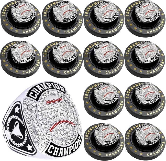 12 Pcs Baseball Ring Softball Baseball Championship Ring Sport Ball Trophy Award Gift with Display Neck Chain and Stand for Tournament or League Champion Winner