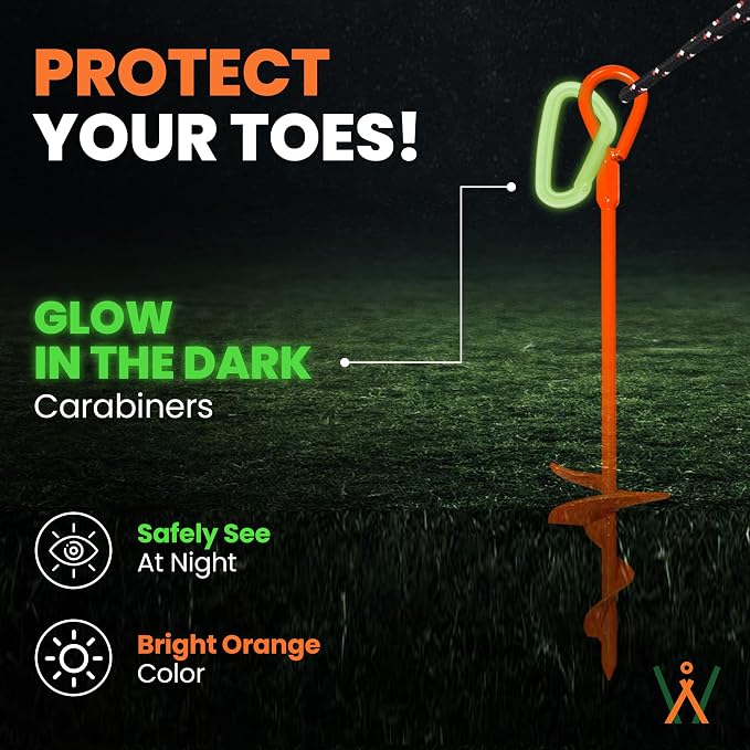 15" Screw-In Ground Anchors (4 Pack) – Heavy Duty Orange Trampoline Stakes, High Visibility Earth Augers with Drill Bit & Glow Carabiners for Canopy Tents, Carports & Swing Sets