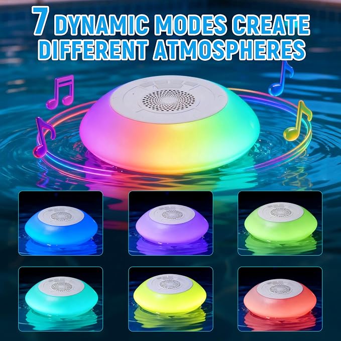 Floating Pool Speaker with Colorful Lights, IP68 Waterproof, Wireless Bluetooth, Built-in Mic, Surround Sound, for Outdoor Use and Hot Tubs (White)