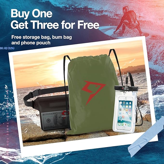 Piscifun Dry Bag Waterproof, Lightweight Dry Backpack Roll-Top Sealed with Waist Pouch and Phone Case Keeps Gear Dry Inside for Kayaking, Boating