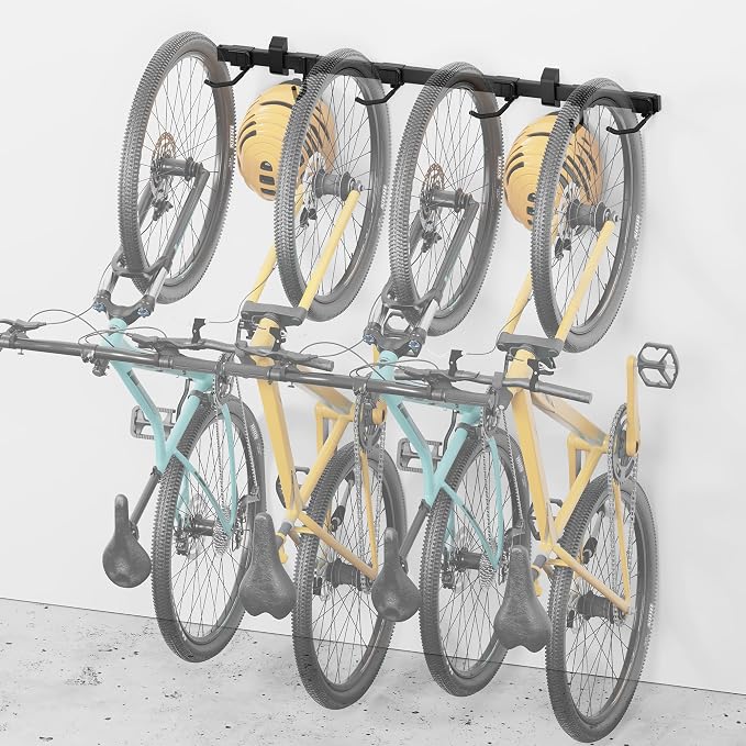 monTEK Enhanced Bike Storage Rack, Adjustable 4-Bike and 2-Helmet Hangers for Indoor Bike Storage, Customizable for Various Bike Sizes, Heavy-Duty Steel Bike Wall Mount, Max Load 265lbs, 48-in