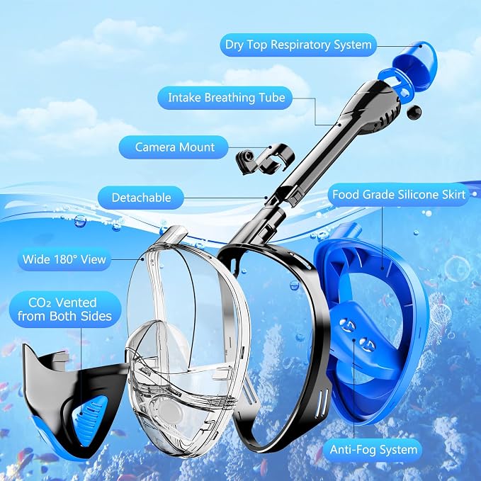Full Face Snorkel Mask for Adults Teen, Snorkeling Gear with Detachable Camera Mount, Panoramic 180° View, Anti-Fog Anti-Leak Snorkling Set for Man and Women