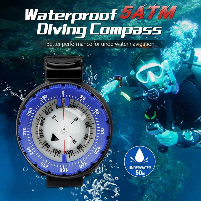 Scuba Compass, Professional Waterproof 5ATM Dive Wrist Compass with TPU Band for Outdoor Sports Diving, Sailing, Hiking, Survival Emergency