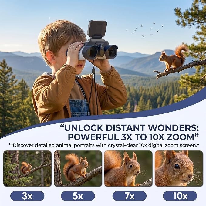 Kids Binoculars with Night Vision Camera, 10X Zoom Digital Adventures Telescope with 2.4" IPS Screen, Nature Explorer STEM Toys for Bird Watching Camping, Gifts for Boys Girls Age 4-12 - White