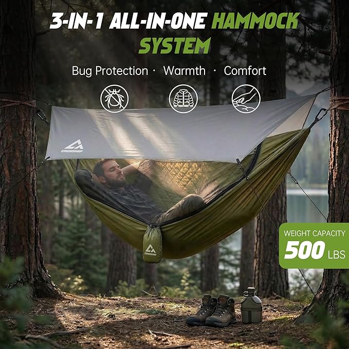Camping Hammock with Mosquito Net with Underquilt & Rain Fly Tarp - Built-in Quilt for Lightweight Soft Warm 4 Seasons, 2 Person Portable Backpacking Hammock Set for Hiking, Travel, Backyard