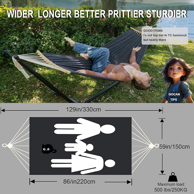 GOCAN Double Hammock 2 Person Extra Large 220x150cm Total Length 330cm Load 500lb Canvas Cotton Hammock for Patio Porch Garden Backyard Lounging Outdoor and Indoor with Removable Spreader bar
