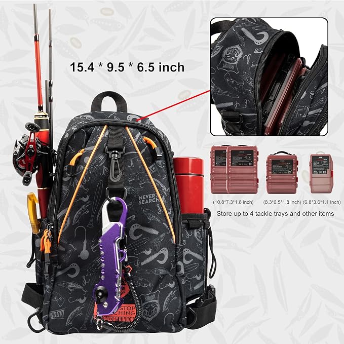 KINGDOM Fishing Tackle Storage Bag With Fishing lure Box, Water-Resistant Fishing Backpack with Rod Holder, Fishing Gear Bag