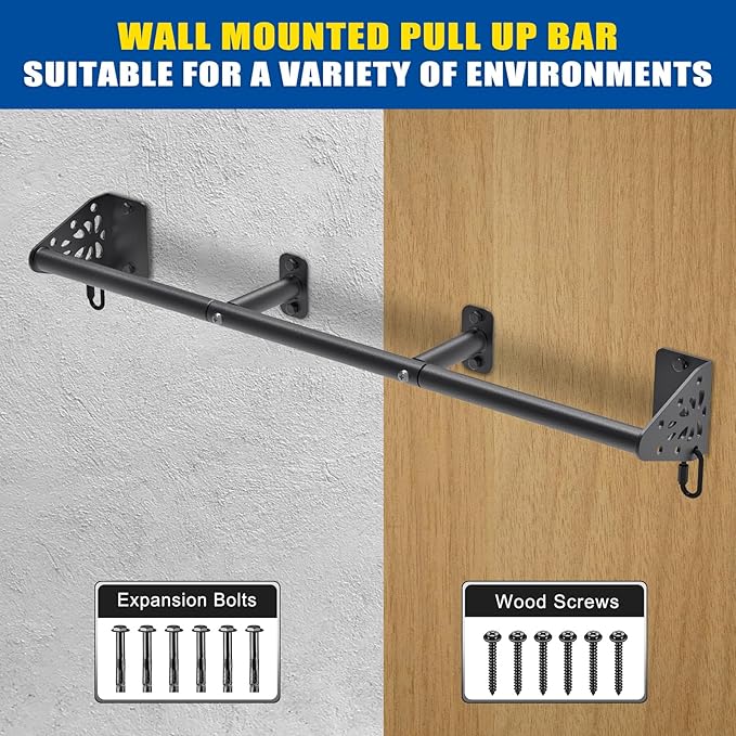 Kipika Wall Mounted Pull Up Bar - Heavy Duty 450 LB Capacity Doorway Chin Up Bar for Home Gym, Sturdy Steel Construction with Resistance Band Hooks | Hanging Exercise Bar for Full Body Workout