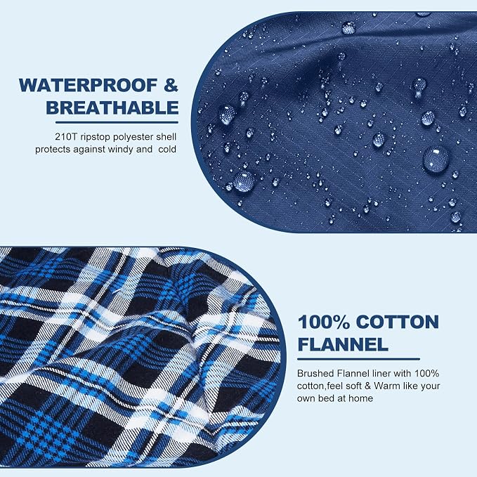 Cotton Flannel Double Sleeping Bag with Fleece Lined Hood, Waterproof Queen Size 2 Person Sleeping Bag for Adults Cold Weather Camping Backpacking or Hiking, 3-4season