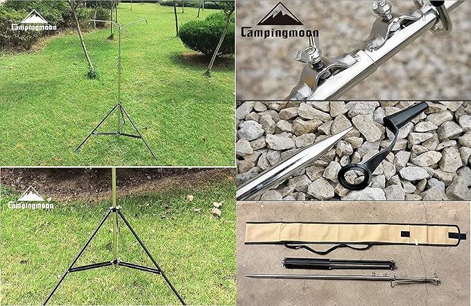 camping moon Heavy Duty Stainless Steel Lantern Pile Driver Height Adjustable with Tripod Stand and Storage Bag D-240, D-243