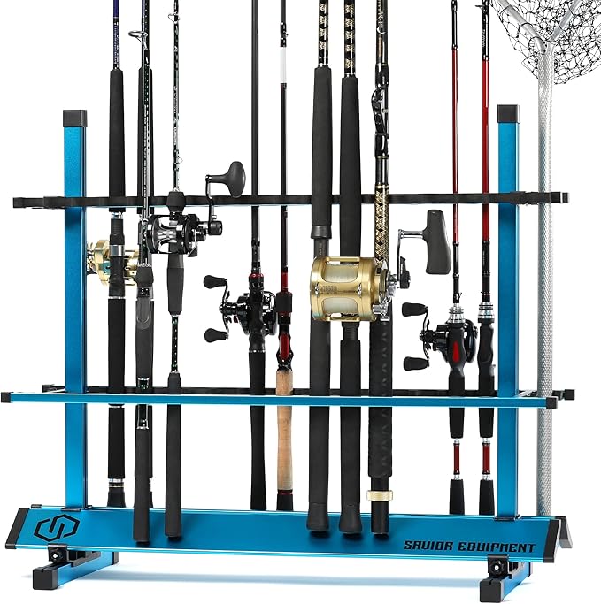 Savior Equipment Fishing Rod Rack Holder Organizer, 24-48 Slots to Hold Fresh Salt Water Spinning Rods & Reel Combo, Lightweight Aluminum Vertical Fish Pole Garage Storage Ground Display Stand