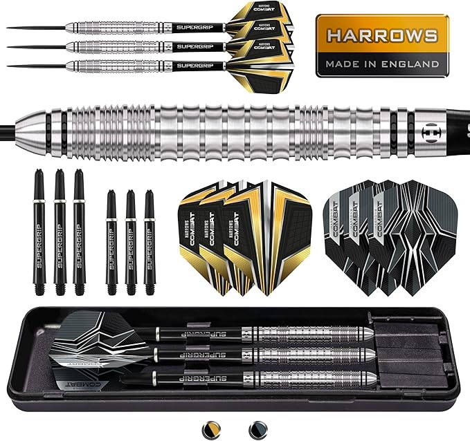 Harrows Combat 90% Tungsten Steel Tip Darts Set I 21g to 30g All Weights Available I Huge 17pcs Bundle with Spare Shafts, Prime Flights & Travel Case