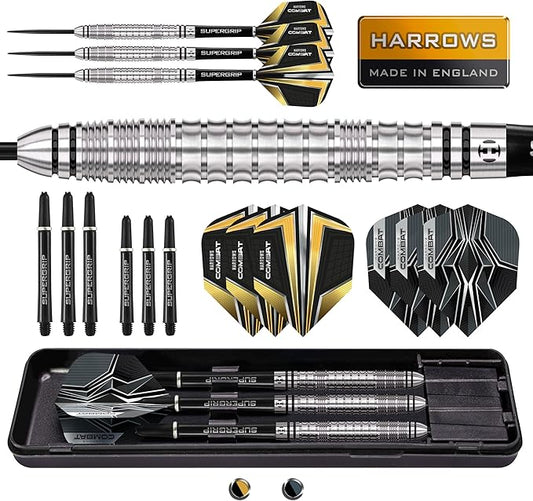 Harrows Combat 90% Tungsten Steel Tip Darts Set I 21g to 30g All Weights Available I Huge 17pcs Bundle with Spare Shafts, Prime Flights & Travel Case