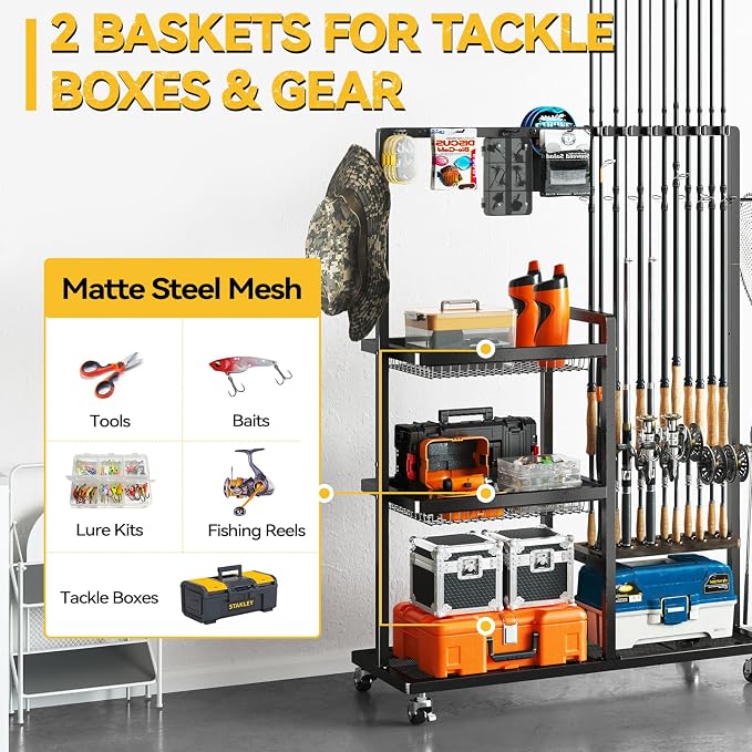 SOYEEZE Fishing Rod Holders for Garage, Fishing Pole Rack-360 Degree Rotating, Floor Stand Fishing Rod Storage Holds Up to 12 Rods, Space-Saving Pole Organizer with Unique Hook & Basket Design