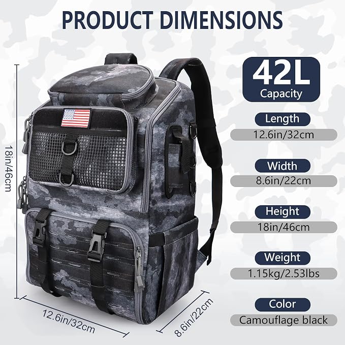 Fishing Backpack with Rod Holders, Ultimate Tackle Box Bakpack for Men, 42L Large Tackle Bag Store Fishing Gear