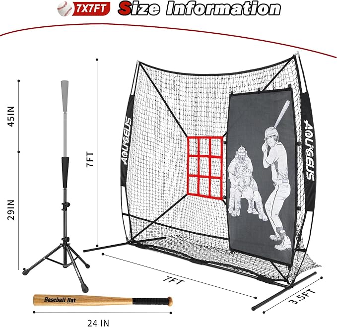 7'X7' Softball Practice Net - Pitching & Batting Net with Baseball Tee, Batter Dummy, Strike Zone & Bow Frame