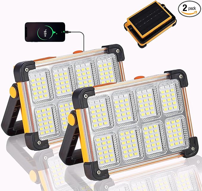 120W LED Solar Work Light, 144 LED 10000LM Portable Flood Light with Stand, 4 Modes Rechargeable, IP65 Waterproof Outdoor Working Light for Camping, Fishing, Car Repair & Mechanics (Yellow 2 Pack)