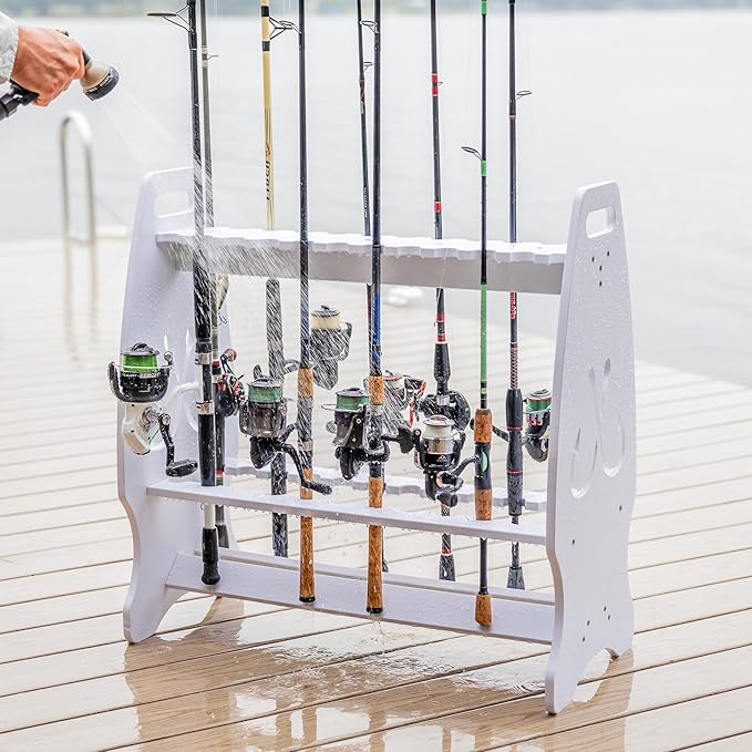 StoreYourBoard Marlin Fishing Rod Rack for Garage & Dock | Freestanding Fishing Pole Holders for Garage Holds Up to 24 Rods & Reels | Washable Weather-Resistant PVC Fishing Rod Storage Organizer