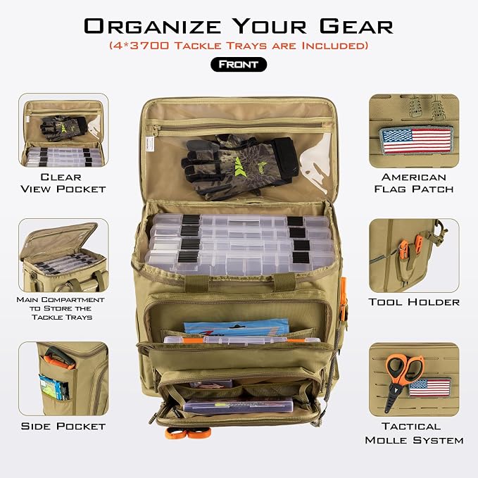 KastKing Karryall with Box Tackle Bag, Saltwater & Freshwater Gear Storage | 4 x 3700 Tackle Trays are included, Water-resistant, Padded Shoulder Strap, 42L, Store up to (8) 3600 size Lure Boxes