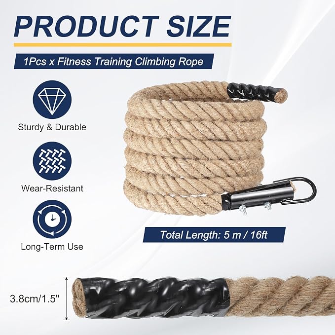 MECCANIXITY Climbing Rope 16ft x 1.5", Gym Climbing Rope Thick Twine Ropes Jute Natural Brown Burlap Cord String Heavy Twisted for Workout Rock Exercise Indoor Outdoor Fitness Training