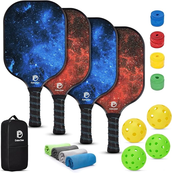 Dulce DOM Pickleball Paddles Set of 2/4 - USAPA Approved, 4 Indoor Outdoor Pickleball Balls, Fiberglass Surface Paddle Racket with Cover Bag, Ideal Training Equipment Gift for Men & Women