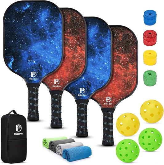 Dulce DOM Pickleball Paddles Set of 2/4 - USAPA Approved, 4 Indoor Outdoor Pickleball Balls, Fiberglass Surface Paddle Racket with Cover Bag, Ideal Training Equipment Gift for Men & Women