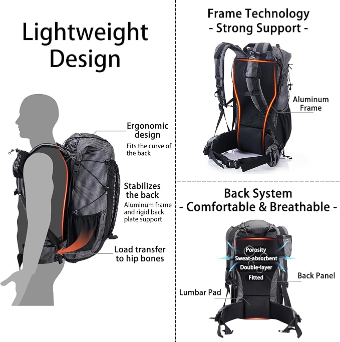 Naturehike Rock 40+5L Internal Frame Hiking Backpack for Adults, Camping Travel Backpacking Waterproof Bag with Rain Cover, Ultralight Outdoor Daypack