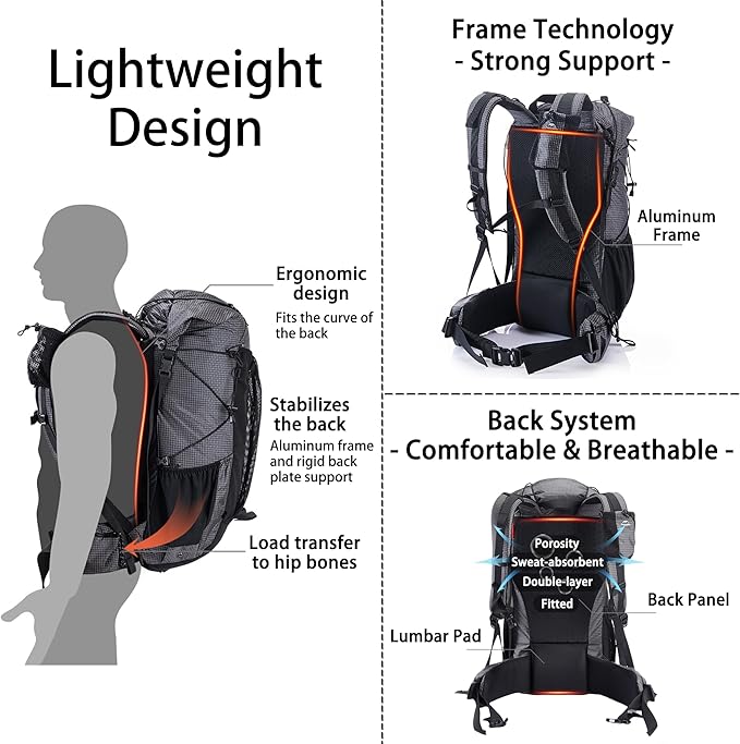 Naturehike Rock-40L/60+5L Internal Frame Hiking Backpack for Adults, Camping Travel Backpacking Waterproof Bag with Rain Cover, Ultralight Outdoor Daypack (60+5L)