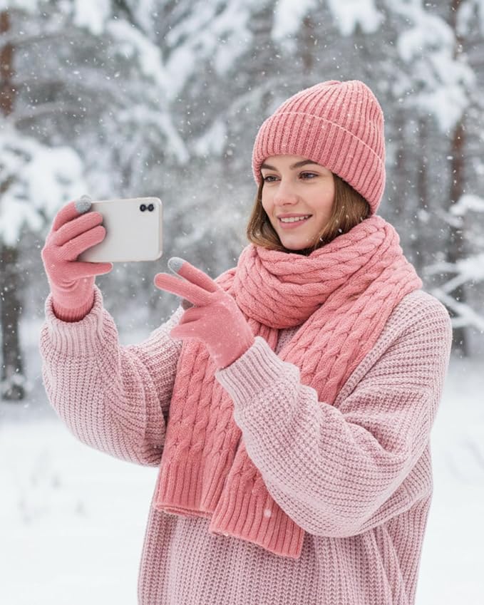 16 Pcs Women Hat Scarf Gloves Ear Muffs Set Winter Knitted Pom Beanie Hats Scarf Touch Screen Gloves for Men Adult Homeless