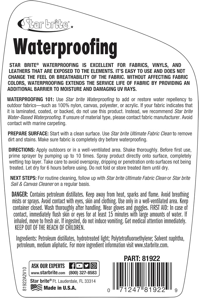 STAR BRITE 081922XX Fabric Waterproofer with Stain Repellent and UV Protection - 22 oz.