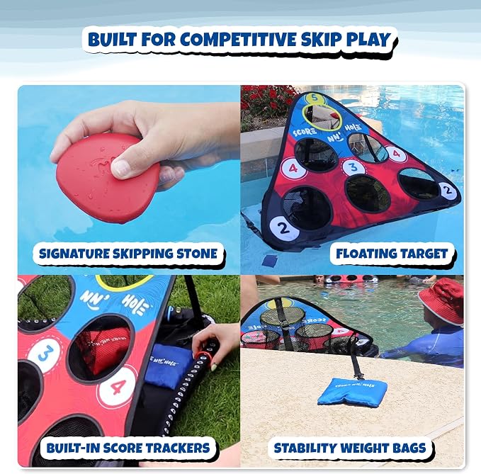 SKIP NN' HOLE Original Fun Stonne Skipping Meets Pool Cornhole Game Floating | for All Ages | Fun Swimming Pool Game for Adults and Family | Easy Setup, Durable, Portable Water and Lake Toy |