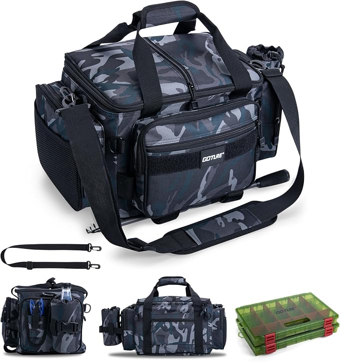 Goture Fishing Tackle Bag with 2PCS 3700 Tackle Boxes | 600D Water-Resistant, Rod Straps, Detachable Bottle Pouch, SBS Zippers, Freshwater & Saltwater Gear Storage Fishing Bag