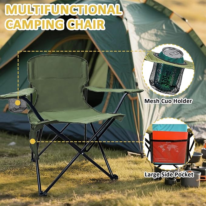 Folding Camping Chair with Cup Holder & Storage Bag, 225lbs Capacity, Large Anti-Sink Feet, Breathable PE Coated Fabric for Outdoor, Hiking, Beach, Fishing, Backpacking, 2PCS Green