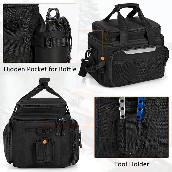 Fishing Tackle Bags with 4 * 3600 Tackle Trays - Saltwater & Freshwater Fishing Gear Bag Padded Shoulder Strap Tackle Box Bag (Black)
