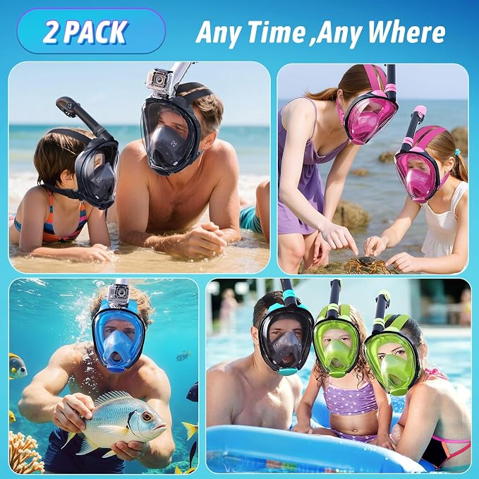 Greatever G2 Adults Kids Full Face Snorkel Mask 2 Pcs,Snorkeling Gear with Latest Dry Top System,Foldable 180 Degree Panoramic View,Safe Breathing,Anti-Leak&Anti-Fog Snorkeling Mask with Camera Mount