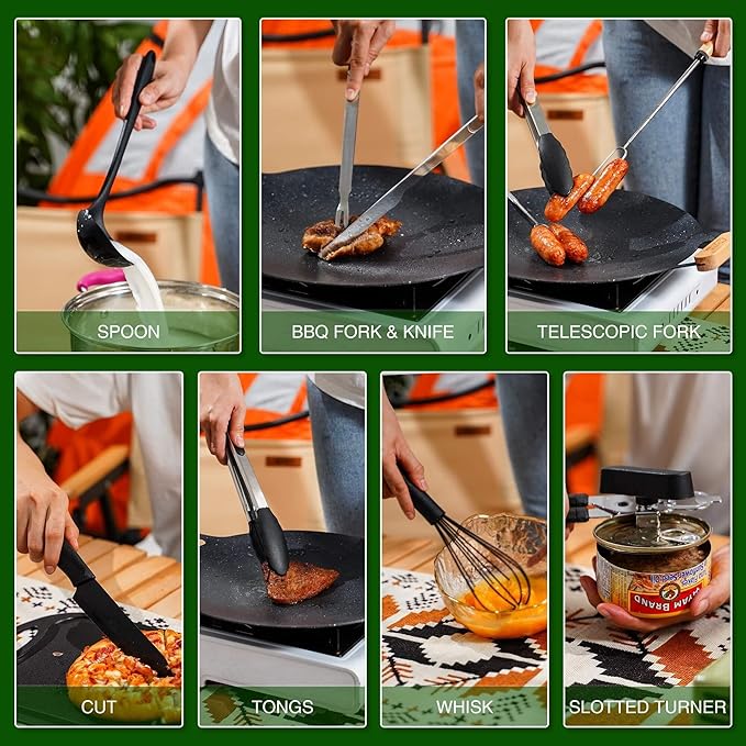 Camping Essentials Cookware Cooking Utensils Set - Portable Camp Kitchen Mess Kit Outdoor Accessories, Stainless Steel & Silicone, Camping Gear Equipment for RV Picnic Grill, Brown