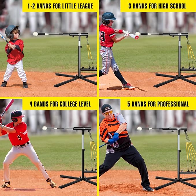 PLAYAPUT Baseball Softball Swing Trainer with 5 Power Bands,Auto Reset Baseball Training Equipment,Baseball Hitting Trainer,Height Adjustable 31-47 inches Softball Swing Trainer Improve Power,Speed