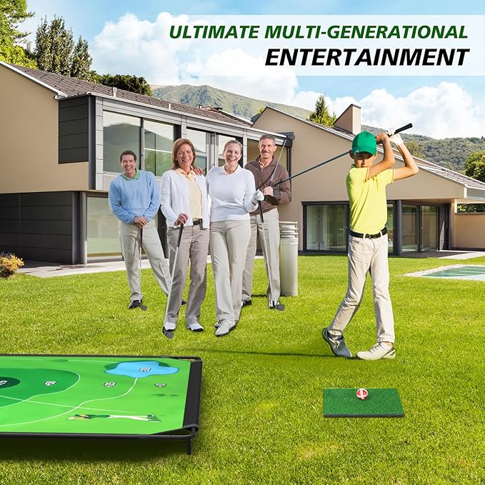 BaiYuan Portable Golf Chipping Game Set for Dads & Junior Golfers - Indoor, Outdoor Backyard & Lawn Fun with 24 Sticky Balls, Putting Mat, 2 Putter & Carry Bag - Easy Setup Family Golf Gifts