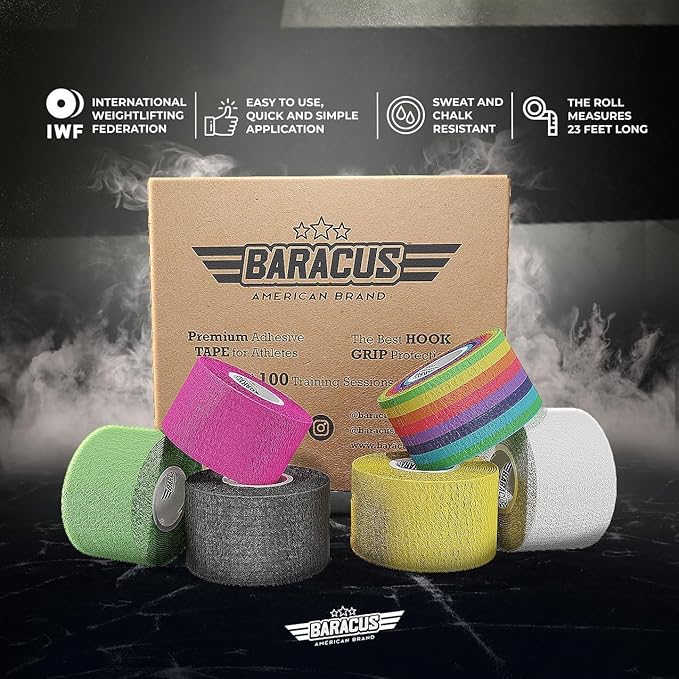 BARACUS Premium Thumb Tape Cross Training and Weightlifting for the Best Hook Grip - 23 ft Long - WOD Tape Chalk and Sweat Proof - Hook Grip Lifting Athletic Thumb Tape (EliteV2Box)
